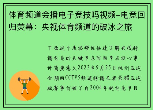 体育频道会播电子竞技吗视频-电竞回归荧幕：央视体育频道的破冰之旅